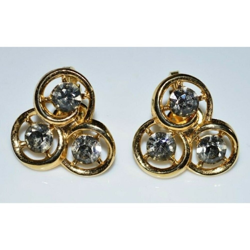 VTG 1958 CROWN TRIFARI Signed Gold Tone Gray Grey Rhinestone Clip Earrings